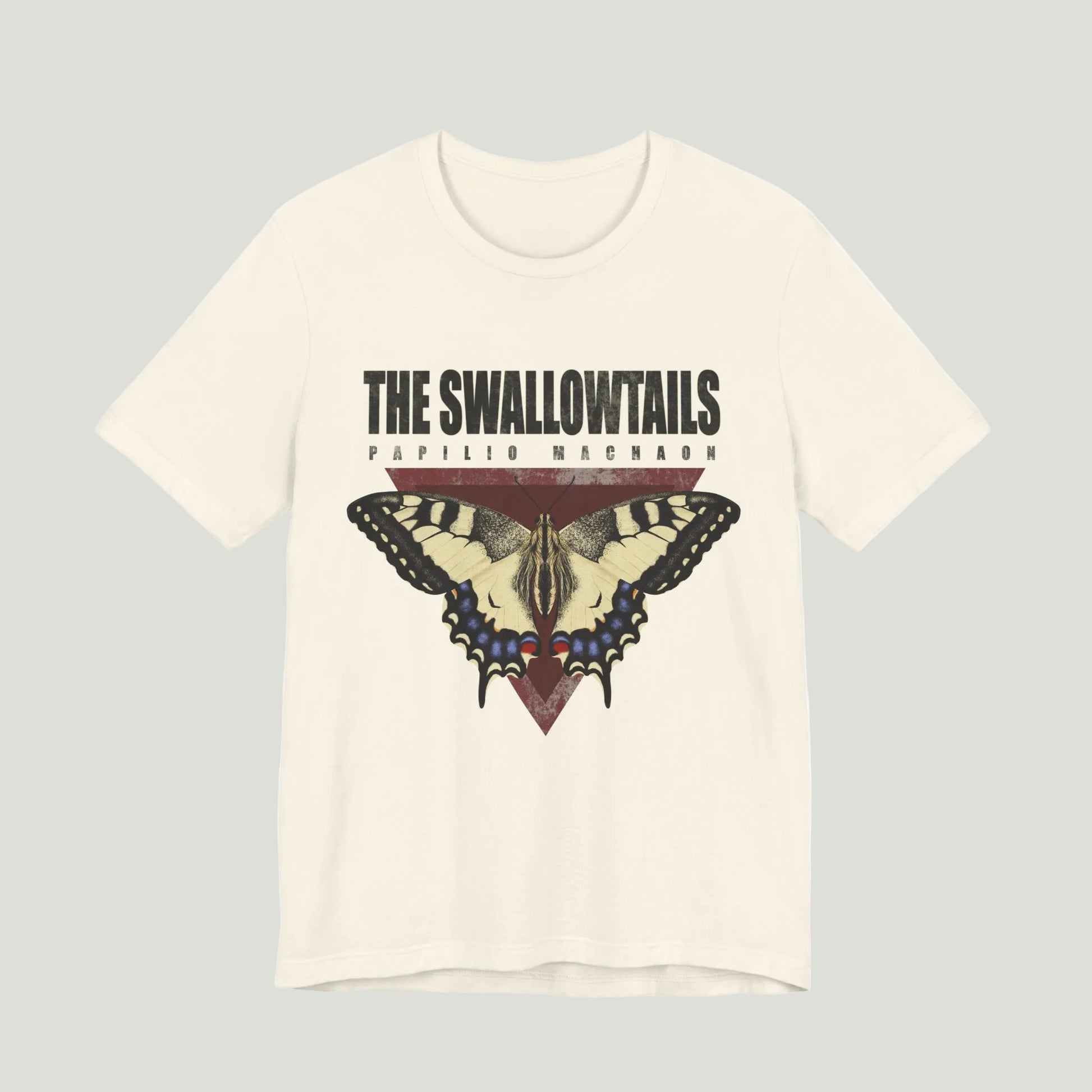 Beige t-shirt with butterfly graphic and 'The Swallowtails' text on a white background