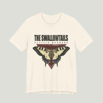 Beige t-shirt with butterfly graphic and 'The Swallowtails' text on a white background