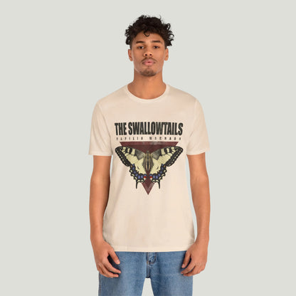 Person wearing a butterfly tee shirt with a graphic design on a white background