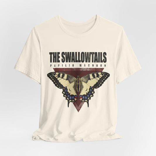 White t-shirt with butterfly graphic and text on a light gray background