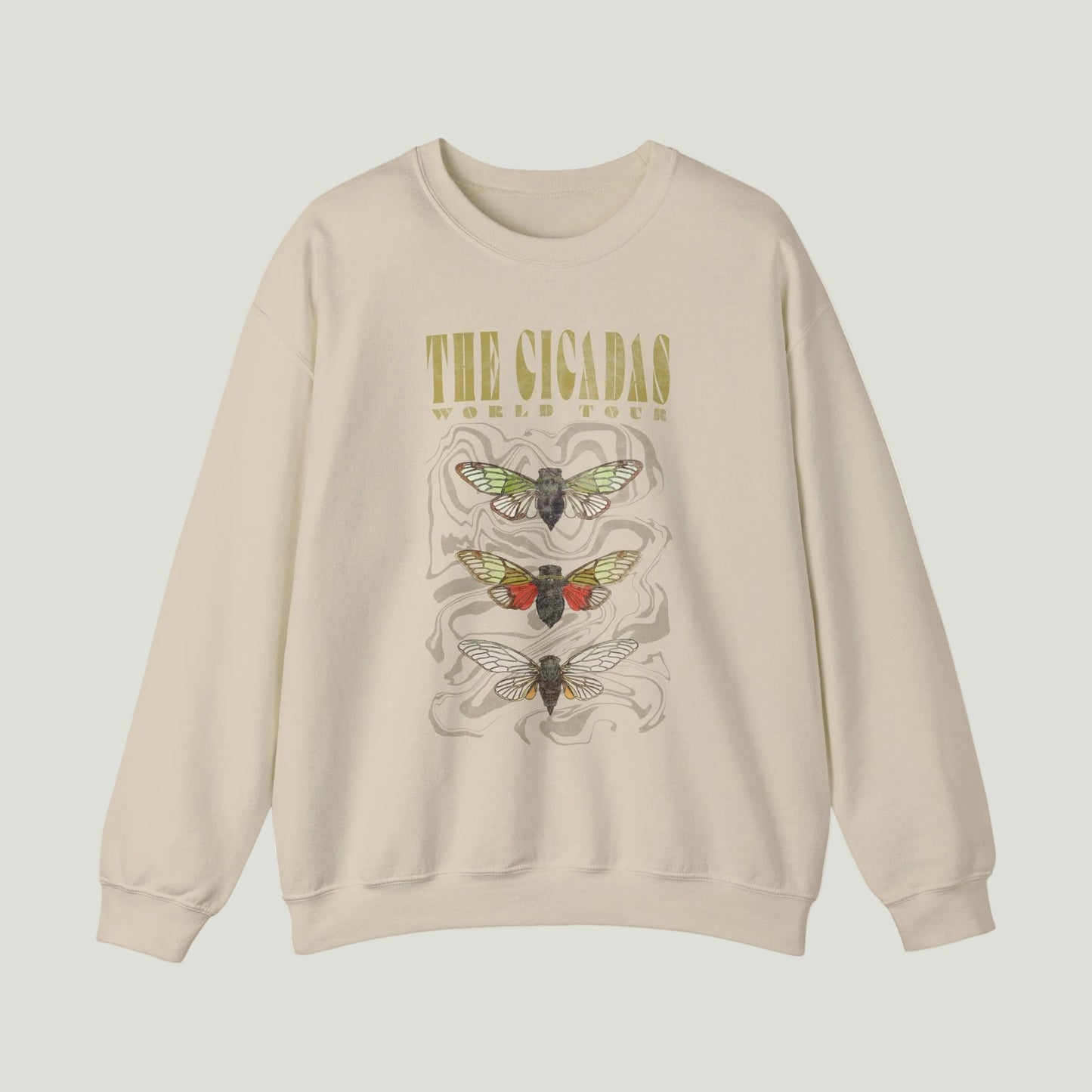 Beige sweatshirt with a cicada graphic and text on a white background