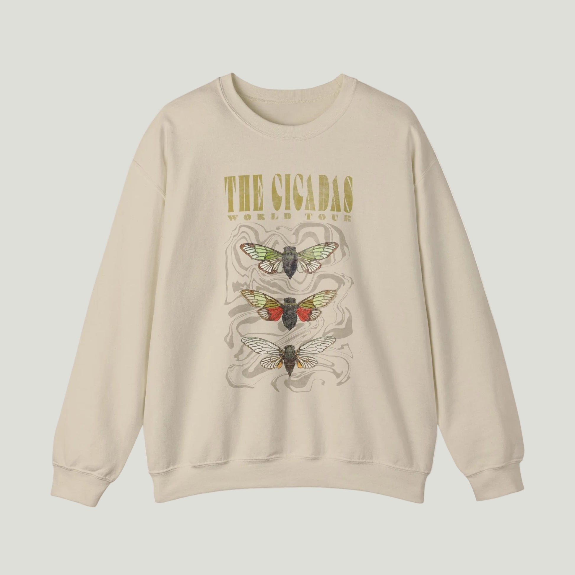 Beige sweatshirt with a cicada graphic and text on a white background