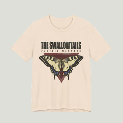 Beige t-shirt with butterfly graphic and text 'The Swallowtails' on a white background