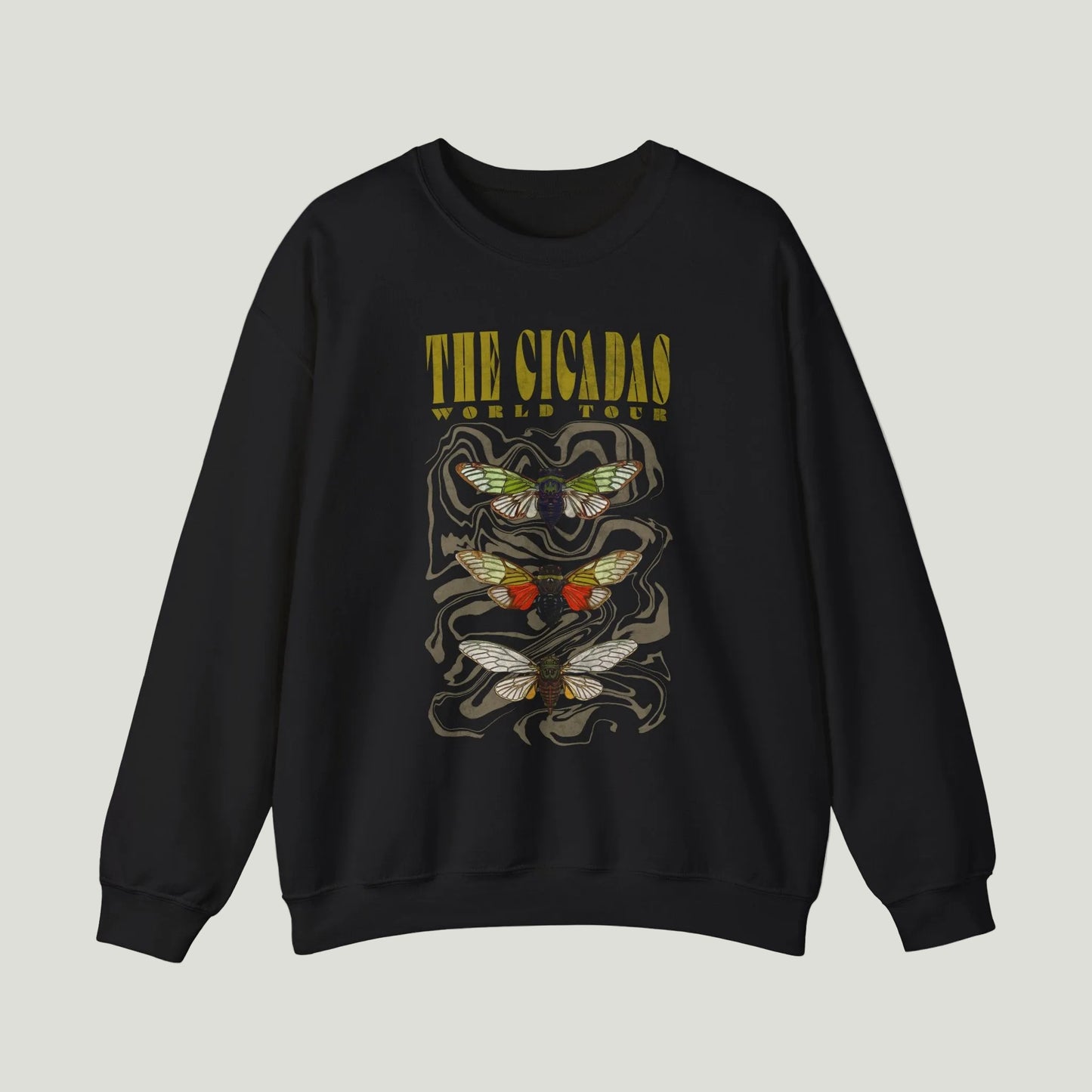 Black sweatshirt with cicada design and text on a white background