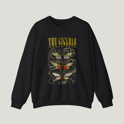 Black sweatshirt with cicada design and text on a white background