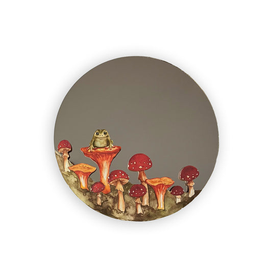 10" Red and Orange Circle Mushroom and Frog Mirror Watercolor Print