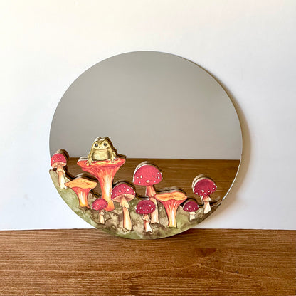 10" Red and Orange Circle Mushroom and Frog Mirror Watercolor Print