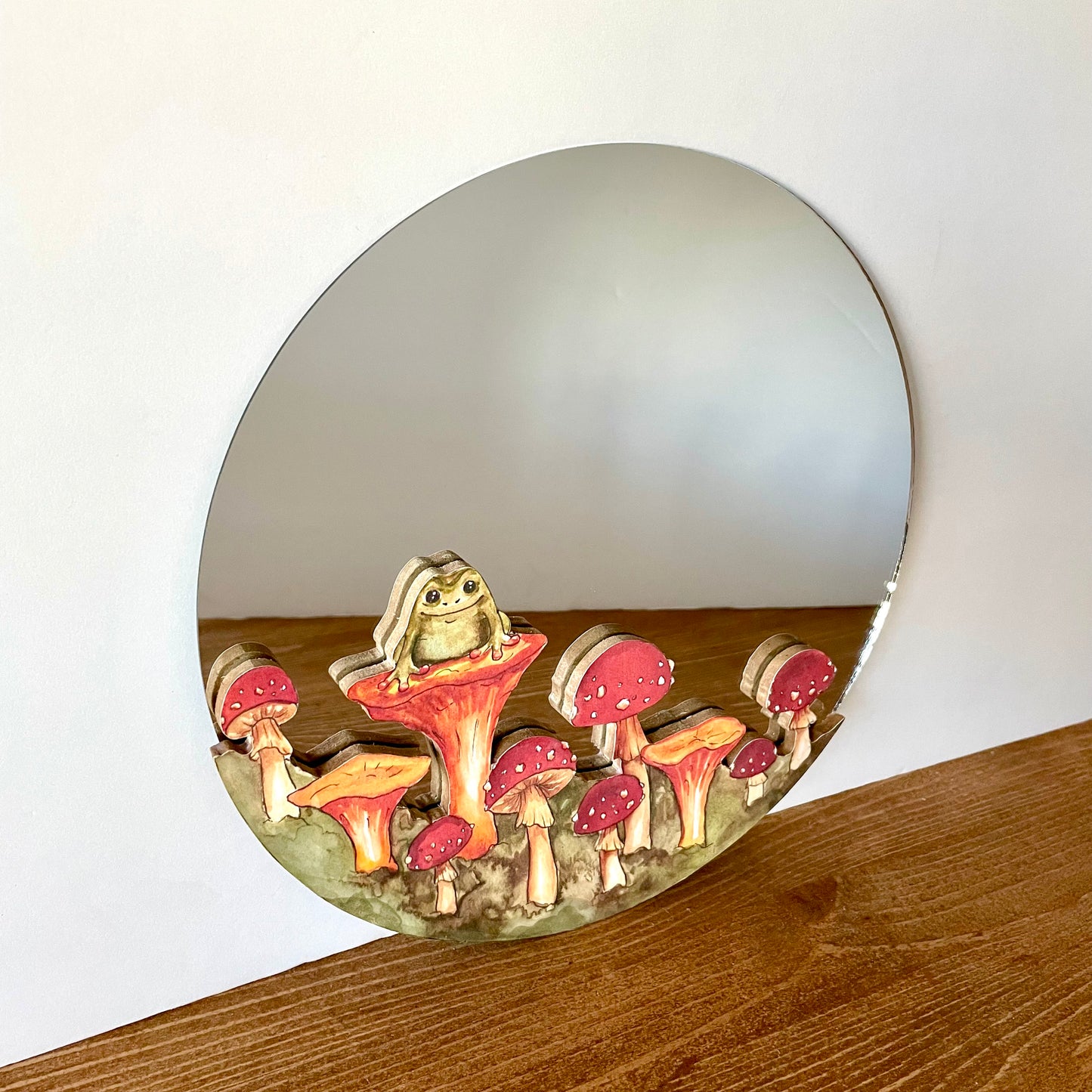 10" Red and Orange Circle Mushroom and Frog Mirror Watercolor Print