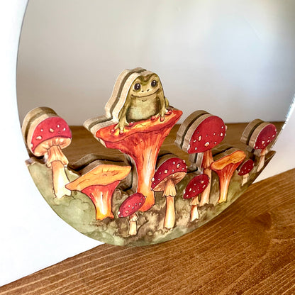 10" Red and Orange Circle Mushroom and Frog Mirror Watercolor Print